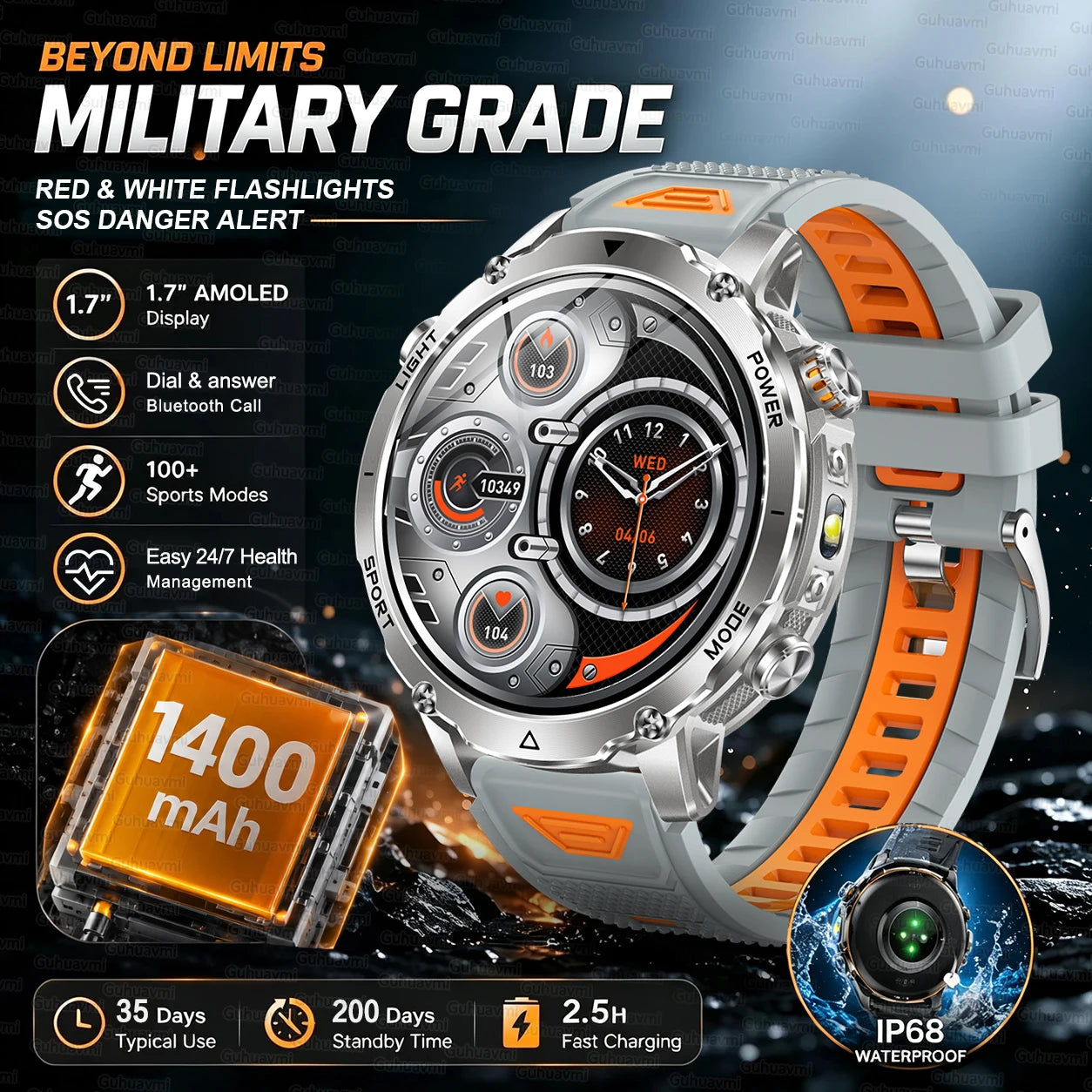 Outdoor Smartwatch, 1400 mAh Akku & LED-Taschenlampe