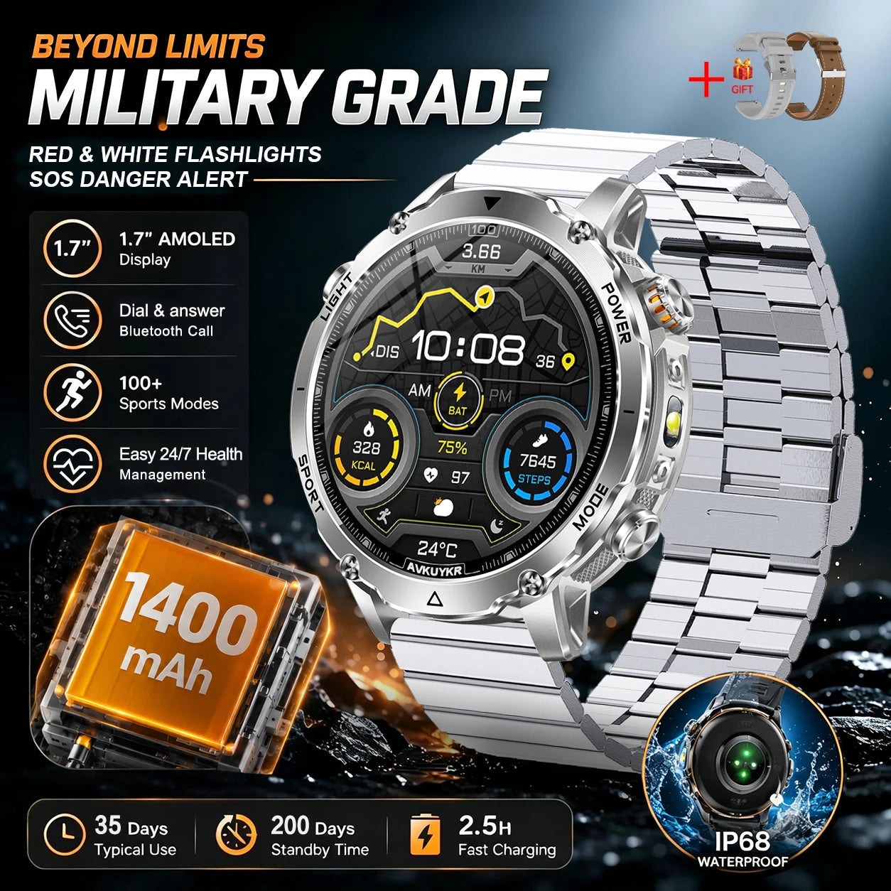 Outdoor Smartwatch, 1400 mAh Akku & LED-Taschenlampe