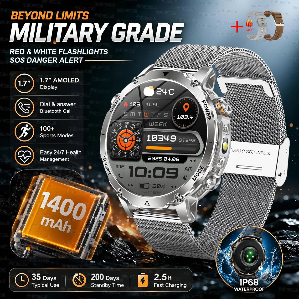 Outdoor Smartwatch, 1400 mAh Akku & LED-Taschenlampe