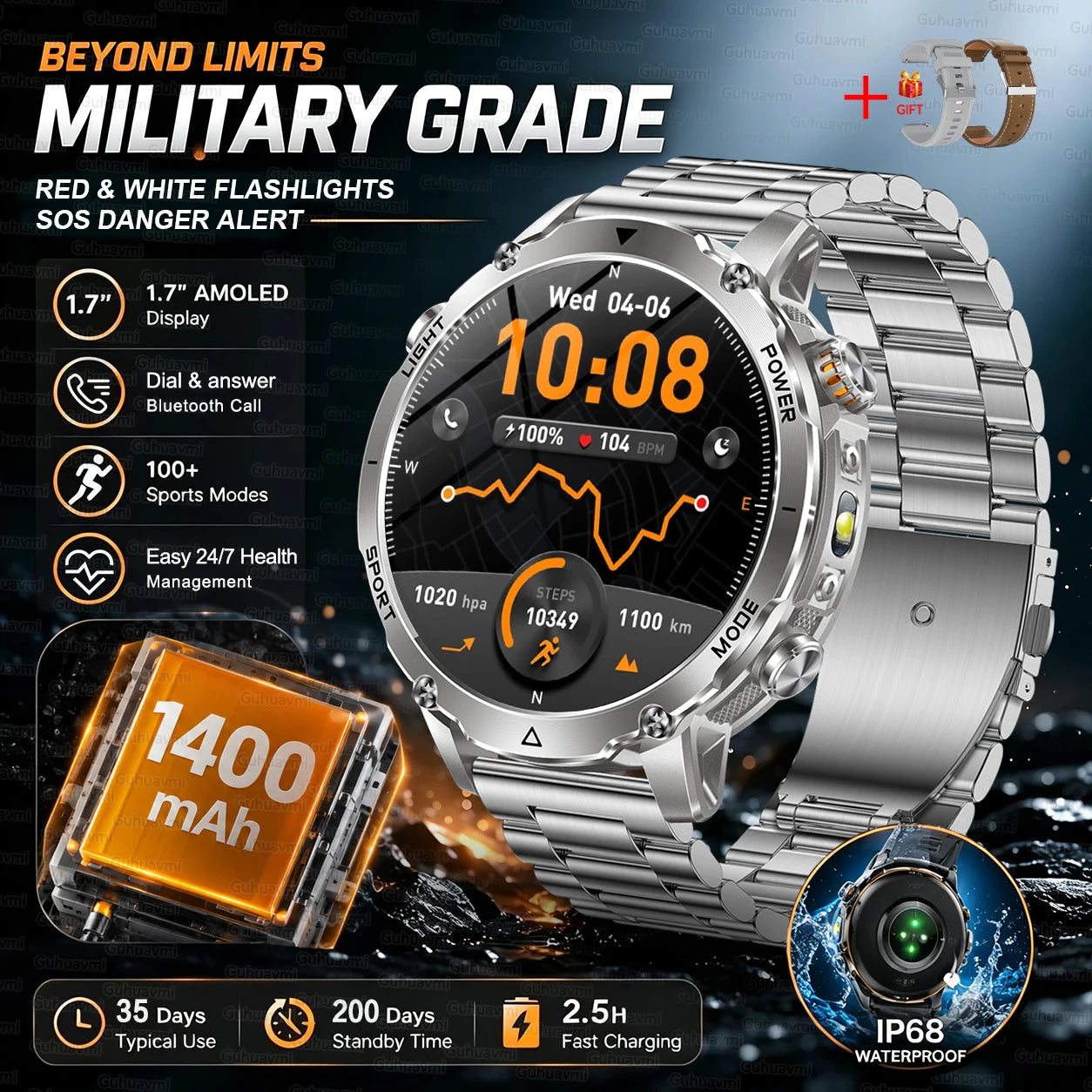 Outdoor Smartwatch, 1400 mAh Akku & LED-Taschenlampe