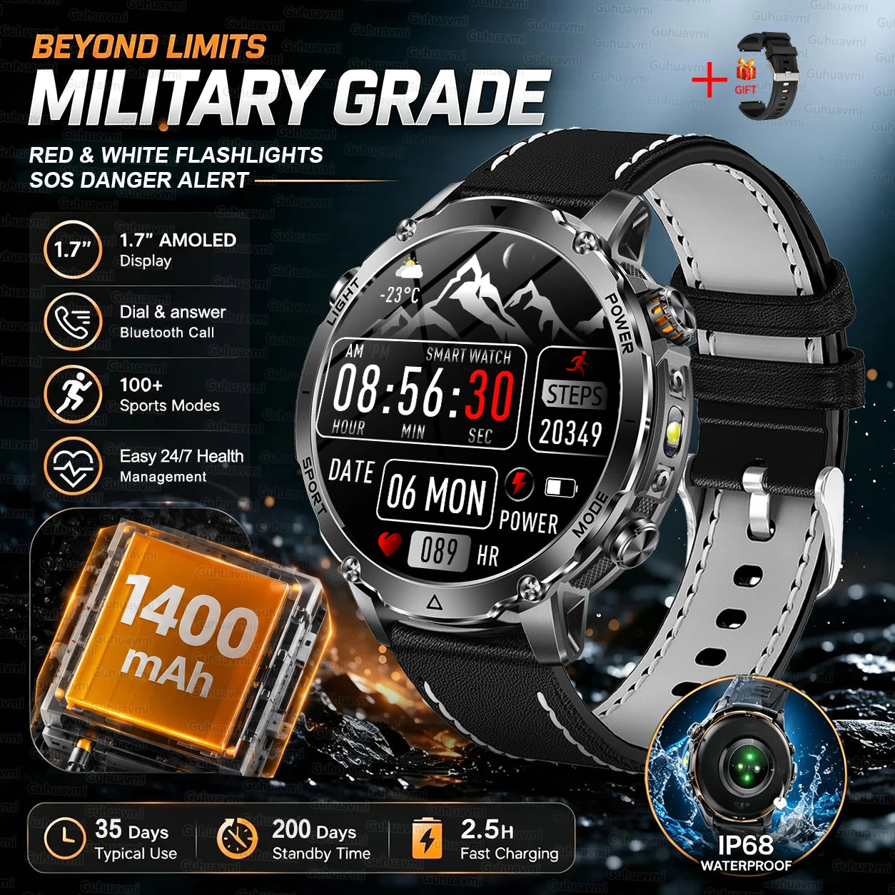 Outdoor Smartwatch, 1400 mAh Akku & LED-Taschenlampe