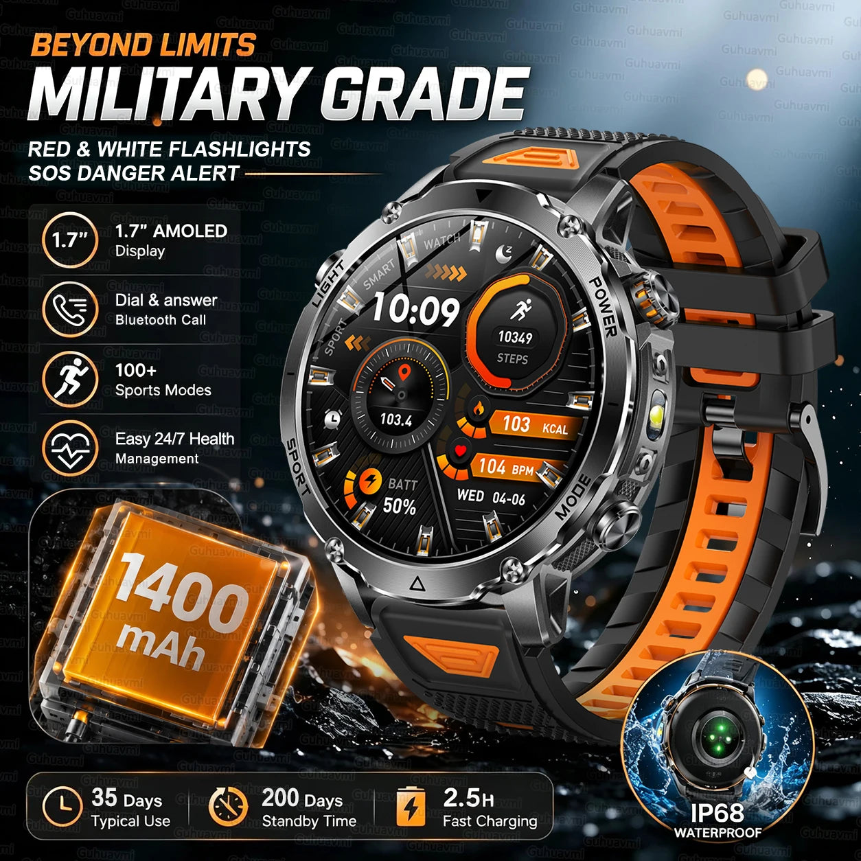 Outdoor Smartwatch, 1400 mAh Akku & LED-Taschenlampe
