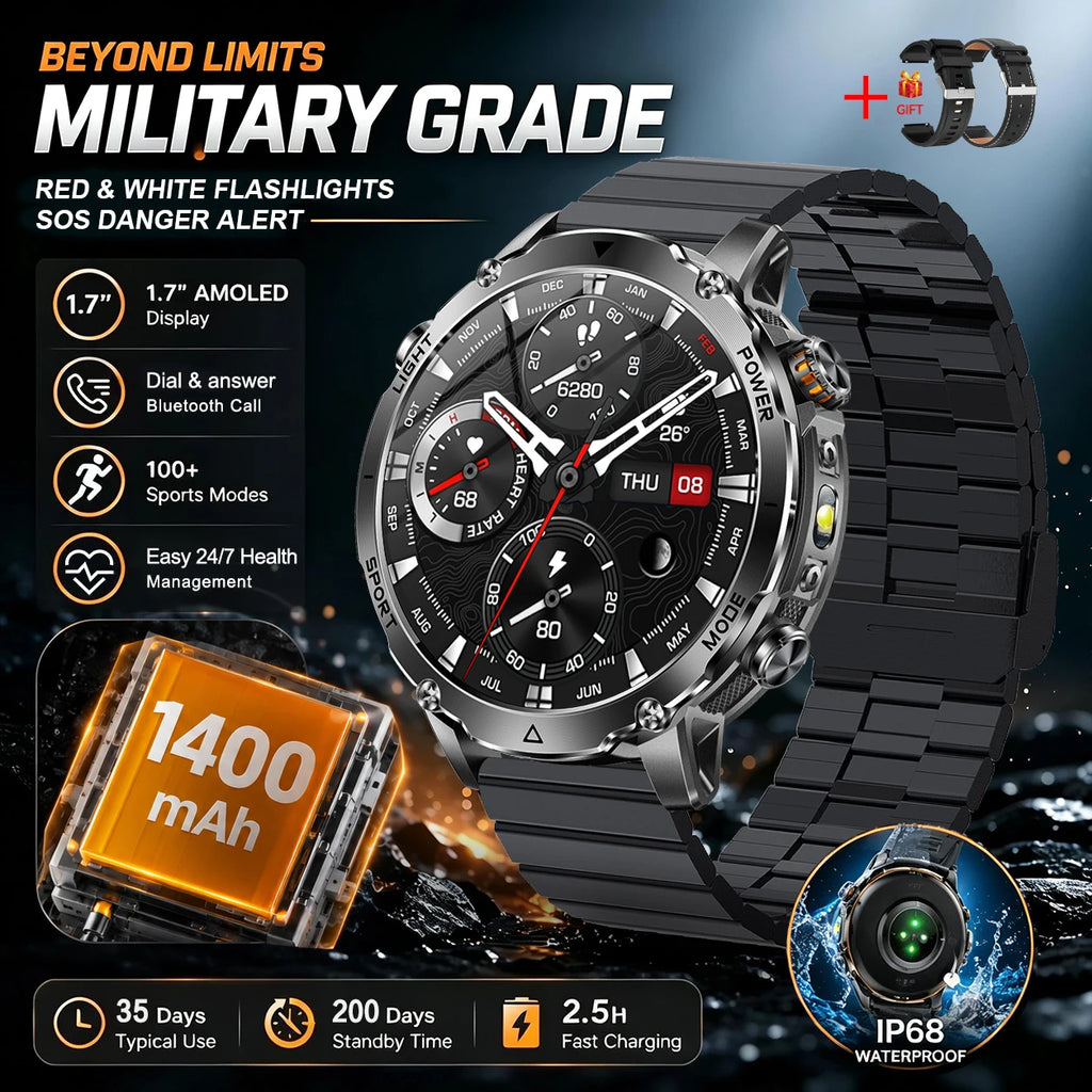Outdoor Smartwatch, 1400 mAh Akku & LED-Taschenlampe
