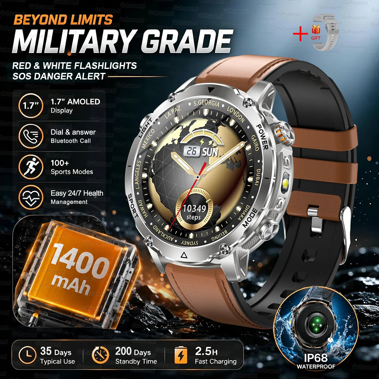 Outdoor Smartwatch, 1400 mAh Akku & LED-Taschenlampe