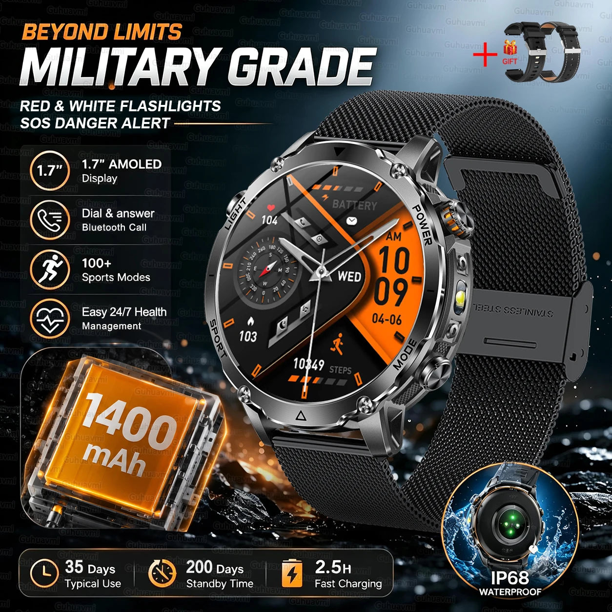 Outdoor Smartwatch, 1400 mAh Akku & LED-Taschenlampe