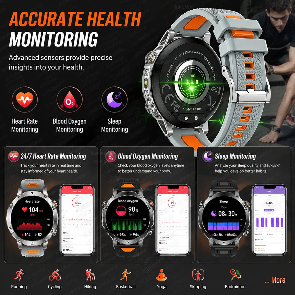 Outdoor Smartwatch, 1400 mAh Akku & LED-Taschenlampe