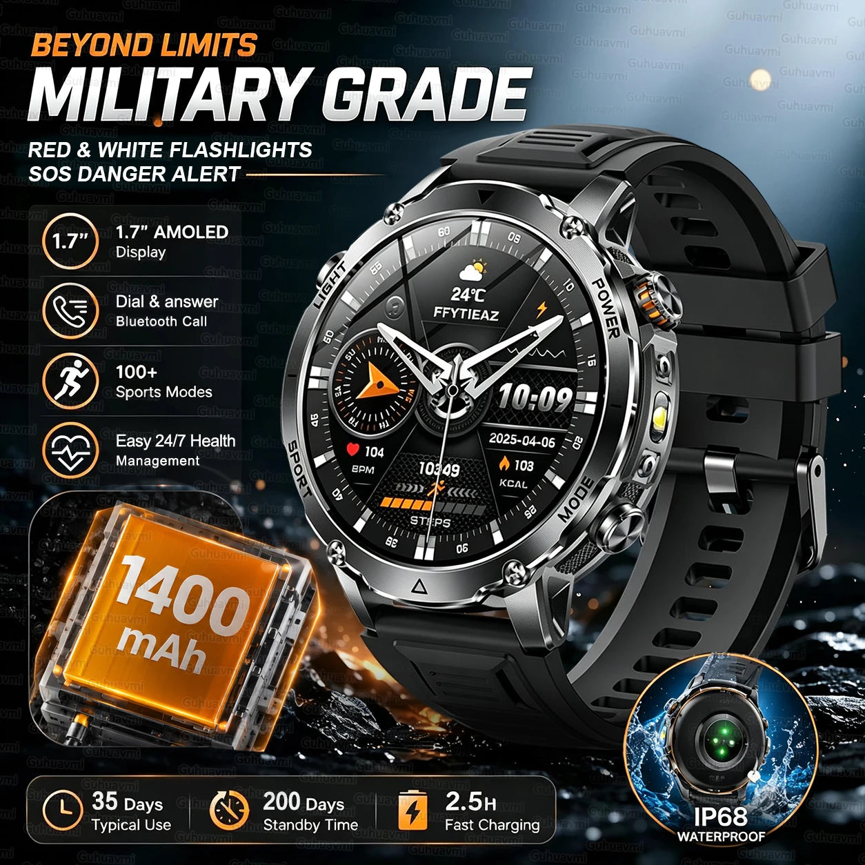 Outdoor Smartwatch, 1400 mAh Akku & LED-Taschenlampe