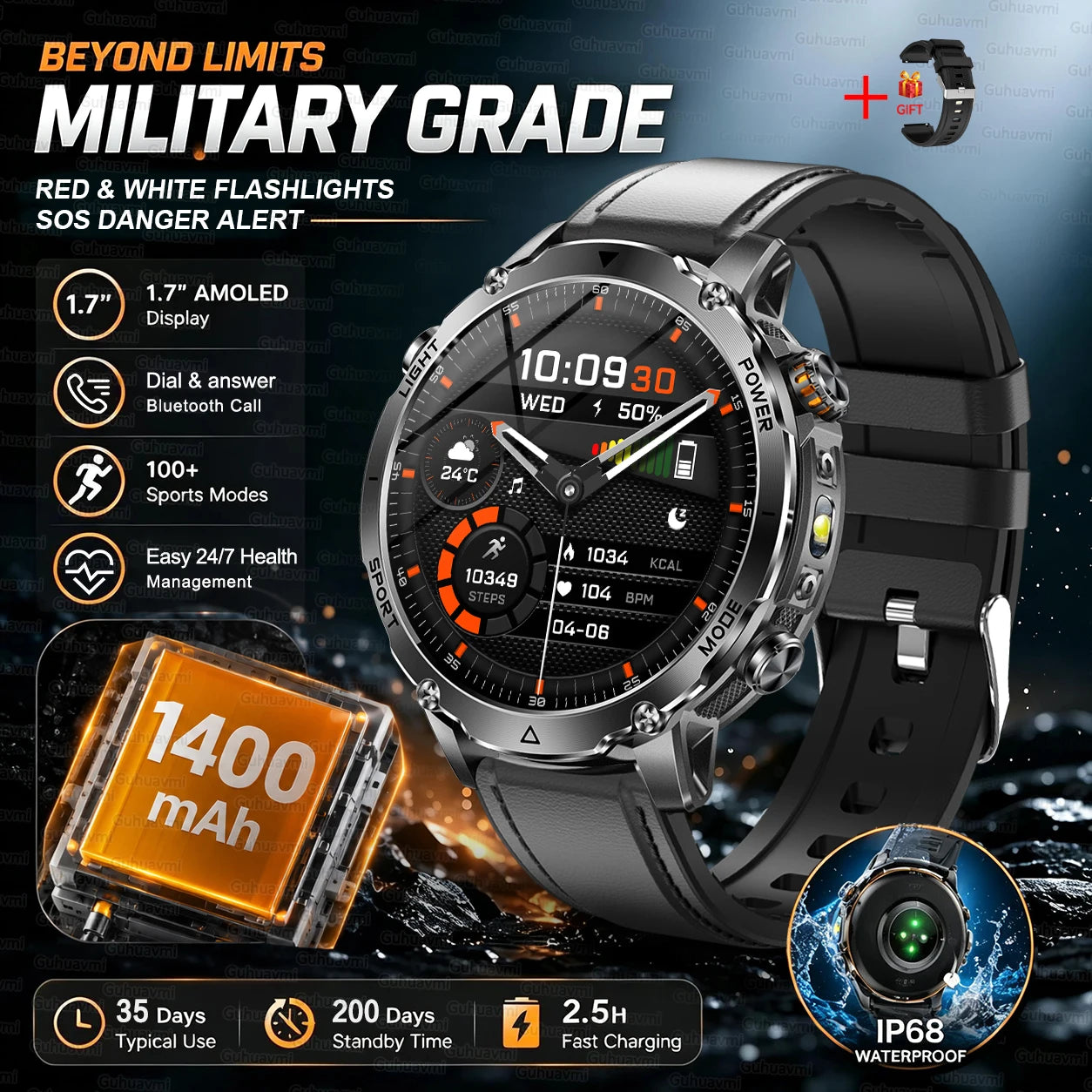 Outdoor Smartwatch, 1400 mAh Akku & LED-Taschenlampe