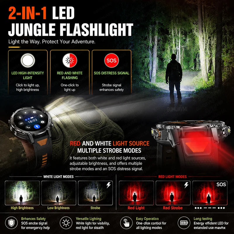 Outdoor Smartwatch, 1400 mAh Akku & LED-Taschenlampe