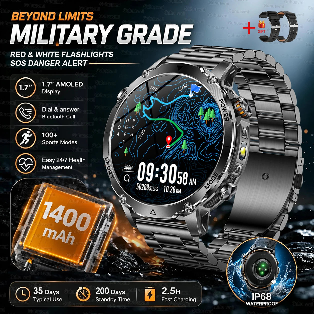 Outdoor Smartwatch, 1400 mAh Akku & LED-Taschenlampe