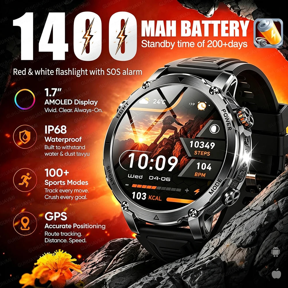 Outdoor Smartwatch, 1400 mAh Akku & LED-Taschenlampe