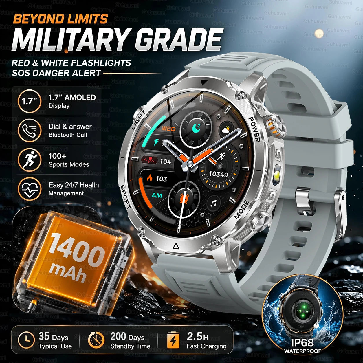 Outdoor Smartwatch, 1400 mAh Akku & LED-Taschenlampe