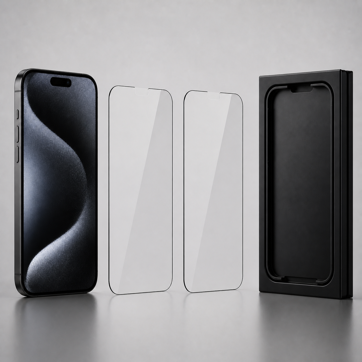 Zwei HD-Panzergläser für iPhone mit Staubfrei-Montagebox