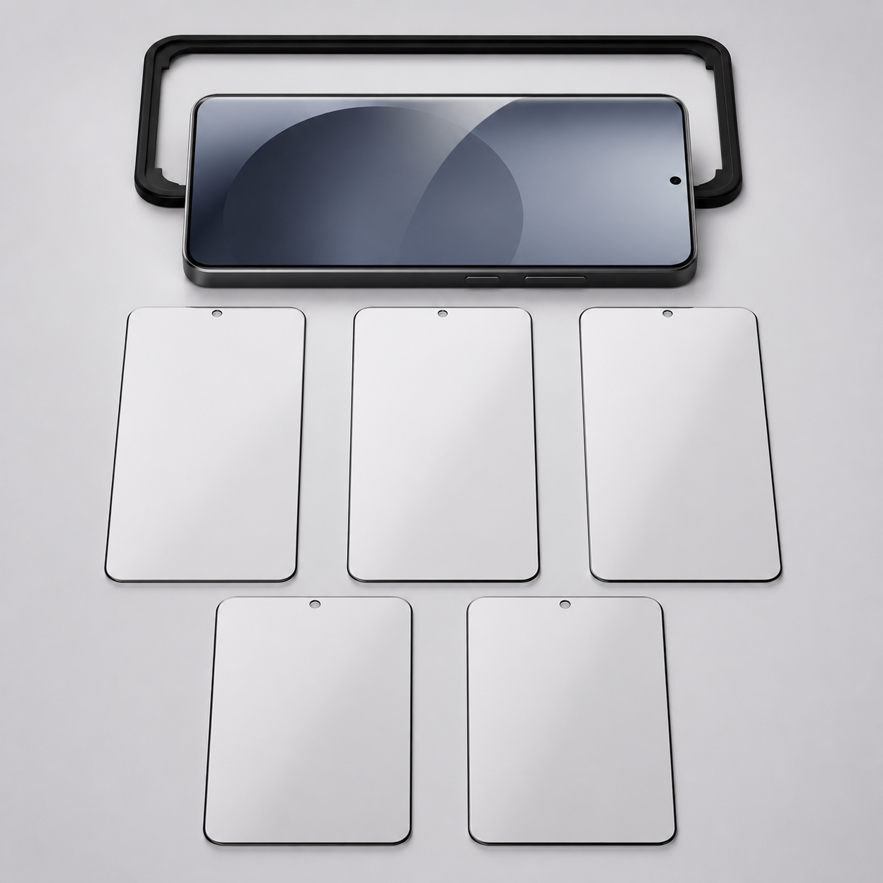 Fünf HD-Panzergläser für Samsung Galaxy mit Montagerahmen